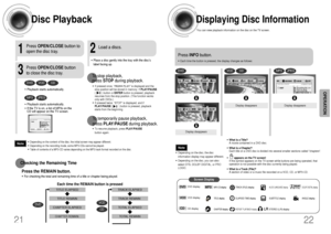 Page 12Displaying Disc InformationYou can view playback information on the disc on the TV screen.
22
Press INFObutton.•Each time the button is pressed, the display changes as follows:DVD
Display disappears
Display disappears
Display disappears
VCD
CD
Something like you
Back for good
Love of my life
More than words
DVD RECEIVER                                     SMART NAVIMP3
JPEG
•What is a Title? 
A movie contained in a DVD disc.•What is a Chapter? 
Each title on a DVD disc is divided into several smaller...