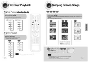 Page 13Skipping Scenes/Songs
24
DVD
VCD
CD
MP3
DVD
VCD
DVD
VCD
CD
MP3
Briefly press              .•Each time the button is pressed briefly during playback, the previous or next chapter, track, or directory (file) will
be played.•But, you cannot skip chapters consecutively.•During fast playback of a CD or MP3-CD, sound is heard only at 2x speed,
and not at 4x, 8x, and 32x speeds.•No sound is heard during slow playback and step motion playback.•The picture moves forward one frame each time the
button is pressed...