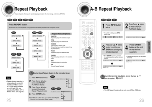 Page 14A-B Repeat Playback
26
•The A-B Repeat function will not work on an MP3 or JPEG disc.
2
Press Cursor       button
to move to REPEAT
PLAYBACK display.
•For a VCD or CD, press INFO
button once.1
Press INFObutton
twice.
A -A - ?
REPEAT : A—
A - B
REPEAT : A—B•The specified segment will be played
repeatedly.4
Press ENTER
button at the end
of the desired
segment.
•When ENTERbutton is pressed,
the selected position will be stored in
memory.3
Press Cursor        ,        buttons
to select ‘A-’ and then press...