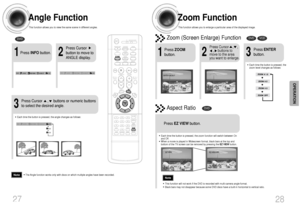 Page 1528
Zoom FunctionThis function allows you to enlarge a particular area of the displayed image.
Zoom (Screen Enlarge) Function
DVD
VCD
Aspect Ratio
DVD2
Press Cursor    ,    ,    
,    buttons to
move to the area
you want to enlarge.
1
Press ZOOM
button.
•Each time the button is pressed, the
zoom level changes as follows:3
Press ENTER
button.
Press EZ VIEWbutton.
•Each time the button is pressed, the zoom function will switch between On
and Off.•When a movie is played in Widescreen format, black bars at...