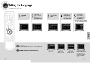 Page 1935 36
*If the language you selected is
not recorded on the disc, menu
language will not change even
if you set it to your desired
language.
Selecting the 
OSD LanguageSelecting the 
Audio Language
(recorded on the disc)
Setting the LanguageOSD language is set to English by default.
2
1
Press MENU
button.
Press Cursor
button to move to
‘Setup’ and then
press ENTERbutton.
4
•Once the setup is complete, if the language was
set to English, OSD will be displayed in English.
3
Selecting the 
Subtitle Language...