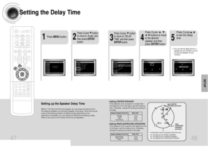 Page 25Setting the Delay Time
47 48
5.3 ms
10.6 ms 
15.9 ms
• Setting REAR (SURROUND) SPEAKERSIf the distance of Df is equal to the distance of Ds
in the figure, set the mode as 0ms. Otherwise,
change the setting according to the table. • Setting CENTER SPEAKERIf the distance of Dc is equal to or longer than
the distance of Df in the figure, set the mode as
0ms. Otherwise, change the setting according to
the table.Distance between Df and Dc  Delay Time
Delay Time
1.3 ms
2.6 ms 
3.9 ms
5.3 ms
Distance between Ds...