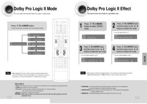 Page 2853 54
Dolby Pro Logic II ModeYou can select the desired Dolby Pro Logic II audio mode.
Dolby Pro Logic II EffectThis function works only in Dolby Pro Logic MUSIC mode.
Press       PL II MODEbutton.PRO LOGICLCR
LSLFE
RS
PRO LOGICLCR
LSLFE
RSPRO LOGICLCR
LSLFE
RSPRO LOGICLCR
LFE
SPRO LOGICLCR
LSLFE
RSLR
LFE
PRO LOGIC II• MUSIC: When listening to music, you can experience sound effects as if you are listening to the actual performance.• CINEMA: Adds realism to the movie soundtrack.• PRO LOGIC: You will...