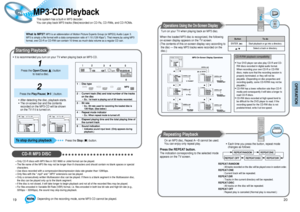 Page 11OPERATION
MP3-CD Playback
19
This system has a built-in MP3 decoder. 
You can play back MP3 tracks (files)recorded on CD-Rs, CD-RWs, and CD-ROMs.
• It is recommended you turn on your TV when playing back an MP3-CD.
Starting Playback
Press the Open/Close(     ) button
to load a disc.
1
• After detecting the disc, playback starts.
• The on-screen bar and the contents
recorded on the MP3-CD will be shown 
on the TV if it is turned on.
Press the Play/Pause(         ) button.
2
To stop during playbackPress...