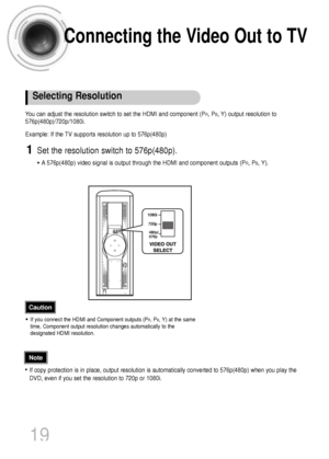 Page 20Connecting the Video Out to TV
You can adjust the resolution switch to set the HDMI and component (PR, PB, Y) output resolution to
576p(480p)/720p/1080i.
Example: If the TV supports resolution up to 576p(480p) 
•If you connect the HDMI and Component outputs (PR, PB, Y) at the same
time, Component output resolution changes automatically to the
designated HDMI resolution. 
Caution
Selecting Resolution
Set the resolution switch to 576p(480p).
•A576p(480p) video signal is output through the HDMI and...