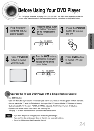 Page 2524
CONNECTIONS23
Press the MODEbutton
so that the TV indicator
on the remote control
flashes.
TVDVD RECEIVER
TVDVD RECEIVER
Press the POWER
button to turn on
the TV.
56
Press the MODEbutton so
that the DVD RECEIVER
indicator on the remote
control flashes.Press DVDbutton
to select DVD/CD
mode.
1
Plug the power
cord into the AC
power supply.
4
Press TV/VIDEO
button to select
VIDEO mode.
Before Using Your DVD Player
Your DVD player is capable of playing DVD, VCD, CD, MP3 and JPEG discs.Depending on the...