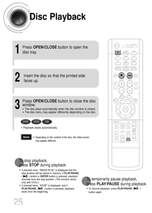 Page 262
1
Press OPEN/CLOSEbutton to open the
disc tray.
3
Press OPEN/CLOSEbutton to close the disc
window.
•The disc plays automatically when the disc window is closed.
•The disc menu may appear differently depending on the disc.
Insert the disc so that the printed side
faces up.
Disc Playback
•Depending on the content of the disc, the initial screen
may appear different.
•To resume playback, press PLAY/PAUSE(         )
button again.
To temporarily pause playback, 
press PLAY/PAUSEduring playback.
DVDVCDCD...