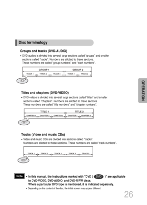 Page 27•In this manual, the instructions marked with DVD (               ) are applicable
to DVD-VIDEO, DVD-AUDIO, and DVD-R/RW discs.
Where a particular DVD type is mentioned, it is indicated separately.
•Depending on the content of the disc, the initial screen may appear different.
DVDNote
Groups and tracks (DVD-AUDIO)
•DVD-audios is divided into several large sections called groups and smaller
sections called tracks. Numbers are allotted to these sections. 
These numbers are called group numbers and track...