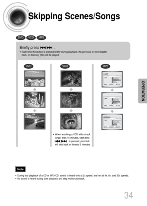 Page 35Skipping Scenes/Songs
DVDVCDMP3
DVDVCDMP3
Briefly press              .
•Each time the button is pressed briefly during playback, the previous or next chapter,
track, or directory (file) will be played.
•During fast playback of a CD or MP3-CD, sound is heard only at 2x speed, and not at 4x, 8x, and 32x speeds.
•No sound is heard during slow playback and step motion playback.
•When watching a VCD with a track
longer than 15 minutes, each time     
is pressed, playback
will skip back or forward 5 minutes....