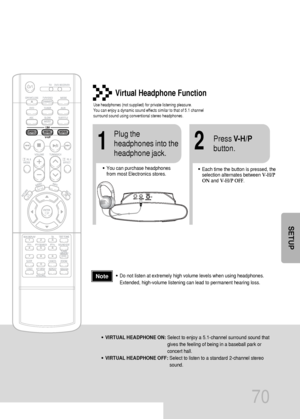 Page 7170
Virtual Headphone Function
Use headphones (not supplied) for private listening pleasure.
You can enjoy a dynamic sound effects similar to that of 5.1 channel
surround sound using conventional stereo headphones.
•You can purchase headphones 
from most Electronics stores.
12
•Each time the button is pressed, the
selection alternates between V-H/P
ONand V-H/P OFF.
Plug the
headphones into the
headphone jack.Press V-H/P
button.
•VIRTUAL HEADPHONE ON:Select to enjoy a 5.1-channel surround sound that
gives...