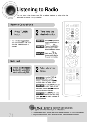 Page 7271
Listening to Radio
You can listen to the chosen band (FM broadcast stations) by using either the
automatic or manual tuning operation.
21
• The selection toggles back
and forth between FM each
time the TUNER button is
pressed.
Tune in to the
desired station.Press TUNER
button.
Automatic Tuning 2
Manual Tuning
21
Select a broadcast
station.
Press the STOP(   )
button to select
PRESET and then press
button to select the preset station.Automatic Tuning 1
Press the Function
button to select the
desired...