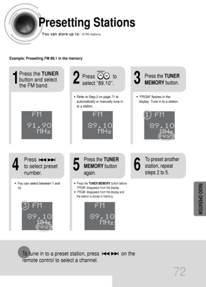 Page 7372
Presetting Stations
To tune in to a preset station, press                on the 
remote control to select a channel.
•Refer to Step 2 on page 71 to
automatically or manually tune in
to a station.
21
•“PRGM” flashes in the
display. Tune in to a station.
3
Example: Presetting FM 89.1 in the memory 
Press             to
select 89.10. Press the TUNER
button and select
the FM band.
•Press the TUNER MEMORYbutton before
‘PRGM’ disappears from the display.
•‘PRGM’ disappears from the display and
the station...