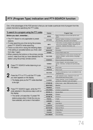 Page 75PTY (Program Type) indication and PTY-SEARCH function
74
To search for a program using the PTY codes
Before you start, remember...
• The PTY Search is only applicable to preset
stations.
• To stop searching any time during the process,
press PTY SEARCH while searching.
• There is a time limit in doing the following steps. 
If the setting is cancelled before you finish, start
from step 1 again.
• When pressing the buttons on the primary remote
control, make sure that you have selected the FM
station using...