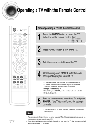 Page 7877
Operating a TV with the Remote Control
•The remote control may not work on some brands of TVs. Also some operations may not be
possible depending on your brand of TV.
•If you do not set the remote control with the code for your brand of TV, the remote control will
work on a Samsung TV by default.
When operating a TV with the remote control
1
Press the MODEbutton to make the TV
indicator on the remote control flash.
2Press POWERbutton to turn on the TV.
3Point the remote control toward the TV.
4
While...