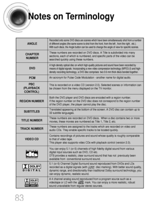 Page 84Notes on Terminology
83
Recorded onto some DVD discs are scenes which have been simultaneously shot from a number
of different angles (the same scene is shot from the front, from the left , from the right , etc.). 
With such discs, the Angle button can be used to change the angle of view for specific scenes.
ANGLE
These numbers are recorded on DVD discs. A Title is subdivided into many
sections, each of which is numbered, and specific parts of the video can be
searched quickly using these numbers.
A...
