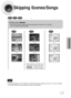 Page 35Skipping Scenes/Songs
DVDVCDMP3
DVDVCDMP3
Briefly press              .
•Each time the button is pressed briefly during playback, the previous or next chapter,
track, or directory (file) will be played.
•During fast playback of a CD or MP3-CD, sound is heard only at 2x speed, and not at 4x, 8x, and 32x speeds.
•No sound is heard during slow playback and step motion playback.
•When watching a VCD with a track
longer than 15 minutes, each time     
is pressed, playback
will skip back or forward 5 minutes....