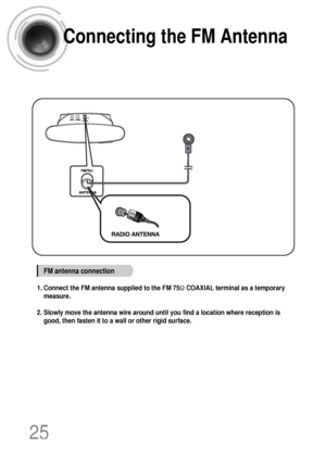 Page 2625
Connecting the FM Antenna
FM antenna connection
1. Connect the FM antenna supplied to the FM 75ΩCOAXIAL terminal as a temporary
measure.
2. Slowly move the antenna wire around until you find a location where reception is
good, then fasten it to a wall or other rigid surface.
 1p~44p(DS1000)-sea  9/15/04 2:43 PM  Page 28
 