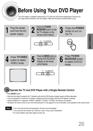 Page 2726
•Each time the button is pressed, the TV indicator (red) and the DVD Receiver indicator (green) will flash alternately.
•You can operate the TV while the TV indicator is flashing and the DVD player while the DVD indicator is flashing.
•Buttons Enabled for TV Operation: POWER, CHANNEL, VOLUME, TV/VIDEO, and Numeric (0-9) buttons.
•By default, the remote control is set to work with Samsung TVs. See page 65 for more information on the operation of the remote control.
Press MODEbutton.
To Operate the TV...