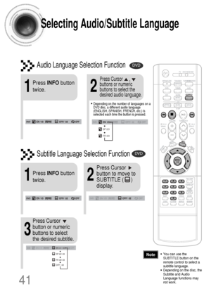 Page 4241
Selecting Audio/Subtitle Language
•Depending on the number of languages on a
DVD disc, a different audio language
(ENGLISH, SPANISH, FRENCH, etc.) is
selected each time the button is pressed. 
2
Press Cursor      ,
buttons or numeric
buttons to select the
desired audio language.
1
Press INFObutton
twice.
SP 2/3
FR 3/3
•You can use the
SUBTITLE button on the
remote control to select a
subtitle language.
•Depending on the disc, the
Subtitle and Audio
Language functions may
not work.
Audio Language...