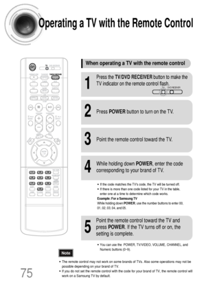 Page 7675
Operating a TV with the Remote Control
•The remote control may not work on some brands of TVs. Also some operations may not be
possible depending on your brand of TV.
•If you do not set the remote control with the code for your brand of TV, the remote control will
work on a Samsung TV by default.
When operating a TV with the remote control
1
Press the TV/DVD RECEIVERbutton to make the
TV indicator on the remote control flash.
2Press POWERbutton to turn on the TV.
3Point the remote control toward the...