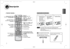 Page 6Para abrir la tapa del control remoto,
presione la parte superior de la tapa y luego
deslícela hacia abajo.
10
Inserte las pilas en el control remotoEl control remoto puede ser usado dentro de una
distancia aproximada de 23 pies / 7 metros en línea
recta. También se puede operar en un ángulo horizontal
de hasta 30° medido desde el sensor del control remoto.Alcance de operación del control remoto
Quite la cubierta del
alojamiento de las pilas
en la parte posterior
del control remoto
presionándolas y...