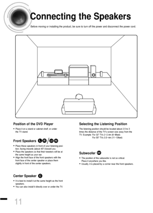 Page 12Subwoofer
•The position of the subwoofer is not so critical. 
Place it anywhere you like.
•Usually, it is placed by a corner near the front speakers.
Front Speakers  
•Place these speakers in front of your listening posi-
tion, facing inwards (about 45°) toward you.
•Place the speakers so that their tweeters will be at
the same height as your ear.
•Align the front face of the front speakers with the
front face of the center speaker or place them
slightly in front of the center speakers.
Center Speaker...