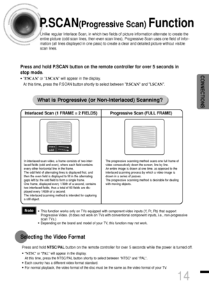 Page 15CONNECTIONS
14
P.SCAN(Progressive Scan) Function
Unlike regular Interlace Scan, in which two fields of picture information alternate to create the
entire picture (odd scan lines, then even scan lines), Progressive Scan uses one field of infor-
mation (all lines displayed in one pass) to create a clear and detailed picture without visible
scan lines. 
Press and hold P.SCAN button on the remote controller for over 5 seconds in
stop mode.
•P.SCAN or I.SCAN will appear in the display.
At this time, press the...