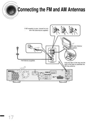 Page 1817
Connecting the FM and AM Antennas
Snap the tabs on the loop into the
slots of the base to assemble the
AM loop antenna.
FM Antenna  (supplied)AM Loop Antenna 
(supplied) If AM reception is poor, connect an out-
door AM antenna(not supplied).
 1p~40p(DS460)-GB  2004.9.16  11:05 AM  Page 20
 