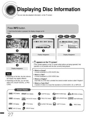 Page 2827
Displaying Disc Information
You can view disc playback information  on the TV screen.
Press INFObutton.
•Each time the button is pressed, the display changes as fol-
lows:
DVD
Display disappears
Display disappearsDisplay disappears
VCDCD
Something like you
Back for good
Love of my life
More than words
DVD RECEIVER                                     SMART NAVI
MP3DivXJPEG
Screen Display
CD display VCD display DVD displayTITLE display
MP3 CD display
DivX display
ELAPSED TIME display TRACK (FILE)...