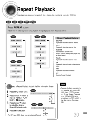 Page 31Repeat Playback
Repeat playback allows you to repeatedly play a chapter, title, track (song), or directory (MP3 file).
Press REPEATbutton.
•Each time the button is pressed during playback, the repeat playback mode changes as follows:
DVD
VCDCD
MP3JPEG
•Repeat playback operation is
not possible with version 2.0
VCD discs if PBC is turned
on. To use Repeat Playback
on a VCD with PBC, you
should set the PBC to OFF in
the disc menu. (See page
39.)
CHAPTER
Repeatedly plays the selected chapter.
TITLE...