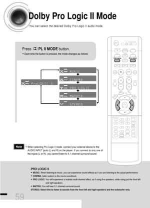 Page 6059
Dolby Pro Logic II Mode
You can select the desired Dolby Pro Logic II audio mode.
Press       PL II MODEbutton.
PRO LOGIC II
•MUSIC: When listening to music, you can experience sound effects as if you are listening to the actual performance.
•CINEMA: Adds realism to the movie soundtrack.
•PRO LOGIC: You will experience a realistic multi-channel effect, as if using five speakers, while using just the front left
and right speakers.
•MATRIX: You will hear 5.1 channel surround sound.
STEREO: Select this...