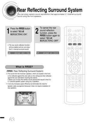 Page 6463
Rear Reflecting Surround System
You can enjoy realistic sound reproduction that approximates 5.1-channel surround
sound using the front speakers.
21
Press the RRSSbutton
to select REAR
REFLECTING ON.
•The rear sound reflection function
will be enabled and you can enjoy
the 5.1-channel surround sound.
To cancel the rear
sound reflection
function, press the
RRSSbutton again to
select REAR
REFLECTING OFF.
What is RRSS?
(RRSS: Rear Reflecting Surround System)
•The sound from the front/rear speakers, which...