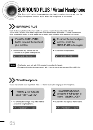 Page 6665
SURROUND PLUS / Virtual Headphone
The Surround Plus function works when the headphone is not connected, and the
Magic Headphone function works when the headphone is connected.
SURROUND PLUS
Enable the Surround plus function if you have installed the system at a location where sound cannot be reflected.
You can create a virtual rear sound image to enjoy realistic sound reproduction that approximates 5.1-channel surround sound.
(When you enable this function, the center speaker does not produce sound...