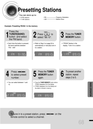 Page 6968
Presetting Stations
To tune in to a preset station, press                on the 
remote control to select a channel.
•Refer to Step 2 on page 63 to
automatically or manually tune in
to a station.
21
•Each time the button is pressed,
the band switches between 
FM
➝ AM.
•“PRGM” flashes in the
display. Tune in to a station.
3
Example: Presetting FM 89.1 in the memory 
Press             to
select 89.10. Press the
TUNER(BAND)
button  and select
the FM band.
•Press the TUNER MEMORYbutton before
‘PRGM’...