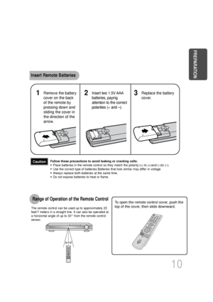 Page 11To open the remote control cover, push the
top of the cover, then slide downward.
10
Insert Remote Batteries
The remote control can be used up to approximately 23
feet/7 meters in a straight line. It can also be operated at
a horizontal angle of up to 30° from the remote control
sensor.
Range of Operation of the Remote Control 
Remove the battery
cover on the back
of the remote by
pressing down and
sliding the cover in
the direction of the
arrow.1Insert two 1.5V AAA
batteries, paying
attention to the...