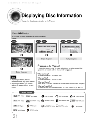 Page 3231
Displaying Disc Information
You can view disc playback information  on the TV screen.
Press  INFObutton.
•Each time the button is pressed, the display changes as
follows:
DVD
Display disappears
Display disappearsDisplay disappears
VCDCD
Something like you
Back for good
Love of my life
More than words
DVD RECEIVER                                     SMART NAVI
MP3DivXJPEG
Screen Display
CD display VCD display DVD displayTITLE display
MP3 CD display
DivX display
ELAPSED TIME display TRACK (FILE)...