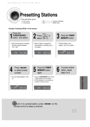 Page 6766
Presetting Stations
To tune in to a preset station, press                on the 
remote control to select a channel.
•Refer to Step 2 on page 63 to
automatically or manually tune in
to a station.
21
•Each time the button is pressed,
the band switches between 
FM
➝ AM.
•“PRGM” flashes in the
display. Tune in to a station.
3
Example: Presetting FM 89.1 in the memory 
Press             to
select 89.10.
Press the
TUNER(BAND)
button  and select
•Press the 
TUNER MEMORY button before
‘PRGM’ disappears from...