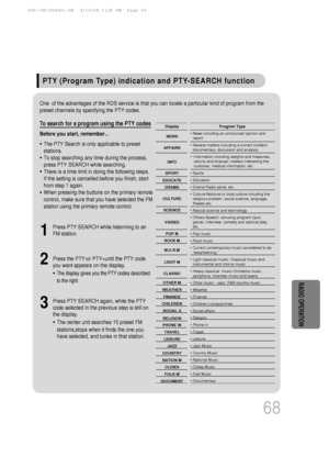 Page 69PTY (Program Type) indication and PTY-SEARCH function
68
To search for a program using the PTY codes
Before you start, remember...
• The PTY Search is only applicable to preset
stations.
• To stop searching any time during the process,
press PTY SEARCH while searching.
• There is a time limit in doing the following steps. 
If the setting is cancelled before you finish, start
from step 1 again.
• When pressing the buttons on the primary remote
control, make sure that you have selected the FM
station using...