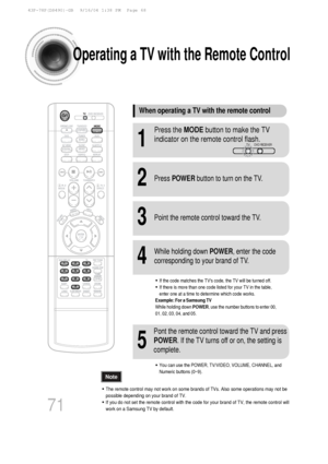 Page 7271
Operating a TV with the Remote Control
•The remote control may not work on some brands of TVs. Also some operati\
ons may not be
possible depending on your brand of TV.
•If you do not set the remote control with the code for your brand of TV,\
 the remote control will
work on a Samsung TV by default.
When operating a TV with the remote control
1
Press the MODEbutton to make the TV
indicator on the remote control flash.
2Press  POWER button to turn on the TV.
3Point the remote control toward the TV.
4...