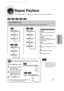 Page 35Repeat Playback
Repeat playback allows you to repeatedly play a chapter, title, track (song), or directory (MP3 file).
Press REPEAT button.
•Each time the button is pressed during playback, the repeat playback mod\
e changes as follows:
DVD
VCDCD
MP3JPEG
•Repeat playback operation is not
possible with version 2.0 VCD discs
if PBC is turned on. To use Repeat
Playback on a VCD with PBC, you
should set the PBC to OFF in the
disc menu. (See page 41.)
CHAPTER
Repeatedly plays the selected chapter.
TITLE...