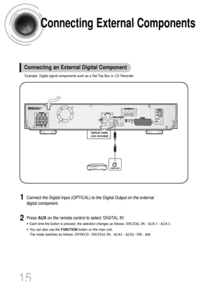 Page 1615
Press AUXon the remote control to select ‘DIGITAL IN’.
•Each time the button is pressed, the selection changes as follows: DIGITAL IN ›AUX 1 ›AUX 2.
•You can also use the FUNCTIONbutton on the main unit.
The mode switches as follows: DVD/CD ›DIGITAL IN ›AUX1 ›AUX2 ›FM ›AM.
Connecting External Components
Connect the Digital Input (OPTICAL) to the Digital Output on the external
digital component.1
2
Example: Digital signal components such as a Set-Top Box or CD Recorder.
Connecting an External Digital...