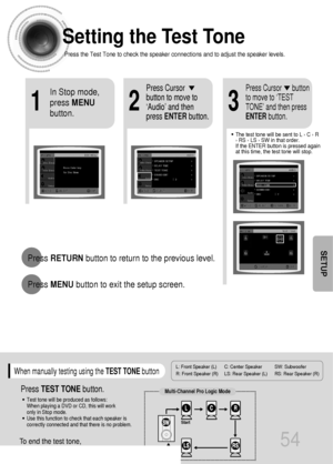 Page 55Setting the Test Tone
Press the Test Tone to check the speaker connections and to adjust the speaker levels.
L: Front Speaker (L) C: Center Speaker SW: Subwoofer 
R: Front Speaker (R) LS: Rear Speaker (L) RS: Rear Speaker (R)
Press RETURNbutton to return to the previous level.
Press MENUbutton to exit the setup screen.
54
SETUP
21
In Stop mode,
press MENU
button.Press Cursor
button to move to
‘Audio’ and then
press ENTERbutton.
3
Press Cursor      button
to move to ‘TEST
TONE’ and then press...