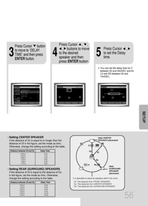 Page 5756
Df: The distance from FRONT SPEAKER
Dc: The distance from CENTER SPEAKER
Ds: The distance from SURROUND SPEAKER
Ideal CENTER
SPEAKER placement
It is desirable to place all speakers within this circle.Ideal
SURROUND
SPEAKER
placement
SETUP
•You can set the delay time for C
between 00 and 05mSEC and for
LS and RS between 00 and
15mSEC.
435
Press Cursor      button
to move to ‘DELAY
TIME’ and then press
ENTERbutton.Press Cursor     ,     , 
,    buttons to move
to the desired
speaker and then
press...