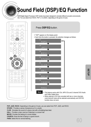 Page 6160
Sound Field (DSP)/EQ Function
DSP(Digital Signal Processor) DSP modes have been designed to simulate different acoustic environments. 
EQ: You can select from ROCK, POP, or CLASSIC, depending on the genre of music.
•DSP appears on the display panel.
•Each time the button is pressed, the selection changes as follows:
POP, JAZZ, ROCK:Depending on the genre of music, you can select from POP, JAZZ, and ROCK.
STUDIO: Provides a sense of presence as if in a studio.
CLUB: Simulates the sound of a dance club...