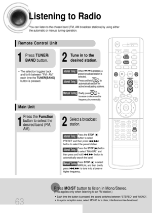 Page 6463
Listening to Radio
You can listen to the chosen band (FM, AM broadcast stations) by using either
the automatic or manual tuning operation.
21
• The selection toggles back
and forth between FM
› AM
each time the TUNER(BAND)
button is pressed.
Tune in to the
desired station.Press TUNER/
BANDbutton.
Automatic Tuning 2
Manual Tuning
21
Select a broadcast
station.
Press the STOP(   )
button to select
PRESET and then press
button to select the preset station.Automatic Tuning 1
Press the Function
button to...