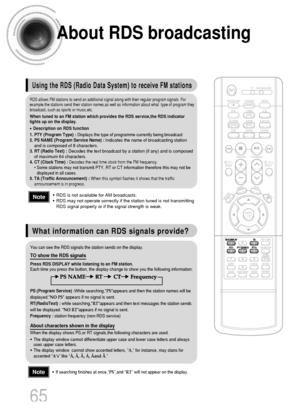 Page 66About RDS broadcasting
• RDS is not available for AM broadcasts.
• RDS may not operate correctly if the station tuned is not transmitting
RDS signal properly or if the signal strength is weak.
• If searching finishes at once,“PS”,and “RT” will not appear on the display.
Using the RDS (Radio Data System) to receive FM stations
What information can RDS signals provide?
RDS allows FM stations to send an additional signal along with their regular program signals. For
example,the stations send their station...