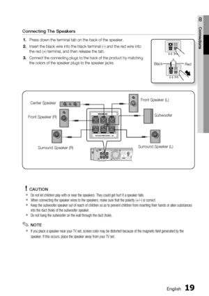 Page 19English 19
02 Connections
 NOTE
 If you place a speaker near your TV set, screen color may be distorted because of the magnetic ﬁ eld generated by the 
speaker. If this occurs, place the speaker away from your TV set.
✎

CAUTION
Do not let children play with or near the speakers. They could get hurt if a speaker falls.
When connecting the speaker wires to the speakers, make sure that the polarity (+/ –) is correct.
  Keep the subwoofer speaker out of reach of children so as to prevent children from...