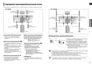 Page 712
RUS
СОЕДИНЕНИЯ
13
Подсоединение громкоговорителей акустической системы
Перед установкой или перемещением системы, не забудьте выключить ее и отсоединить сетевой шнур от розетки.
Центральный 
громкоговоритель
Тыловой 
громкоговоритель (Пр)
СабвуферТыловой 
громкоговоритель (Л) Фронтальный 
громкоговоритель 
(Пр)Фронтальный 
громкоговоритель 
(Л)
Расположение DVD-проигрывателя 
 Поставьте его на стойку для аппаратуры 
или полку шкафа, либо в нишу стойки для 
телевизора.
Фронтальные громкоговорители ei...