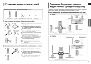 Page 814
RUS
СОЕДИНЕНИЯ
15
Подключение беспроводного приемного 
модуля/усилителя (приобретается отдельно)
Чтобы иметь возможность подключения тыловых громкоговорителей без проводов, приобретите у 
вашего дилера компании Samsung модуль беспроводного приема и TX-карту.
После приобретения беспроводного приемного модуля (SWA-3000)
Фронтальный 
громкоговоритель (Пр)
Тыловой 
громкоговоритель (Л)Сабвуфер Центральный 
громкоговорительФронтальный 
громкоговоритель (Л)
Тыловой 
громкоговоритель (Пр)
БЕСПРОВОДНОЙ...