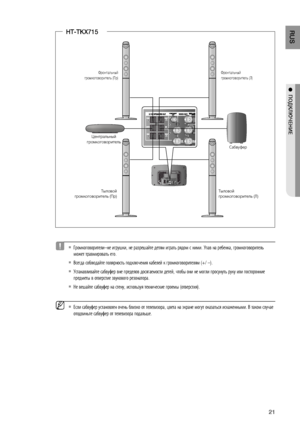 Page 21
1
RUS

●  ПОдКЛюЧЕНИЕ
 Громкоговорители–не игрушки, не разрешайте детям играть рядом с ними. Упав на ребенка, громкоговоритель 
может травмировать его.
Всегда соблюдайте полярность подключения кабелей к громкоговорителям (+/ –).
 Устанавливайте сабвуфер вне пределов досягаемости детей, чтобы они не могли просунуть руку или посторонние 
предметы в отверстие звукового резонатора.
Не вешайте сабвуфер на стену, используя технические проемы (отверстия).
 Если сабвуфер установлен очень близко от...